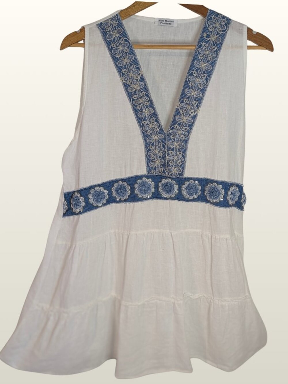 Italian Positano Linen Embroidered Mini Dress Blue White Tiered Resort Beachy L - Picture 3 of 12